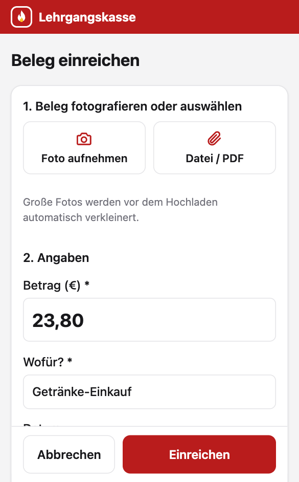 Bildschirm: Beleg einreichen